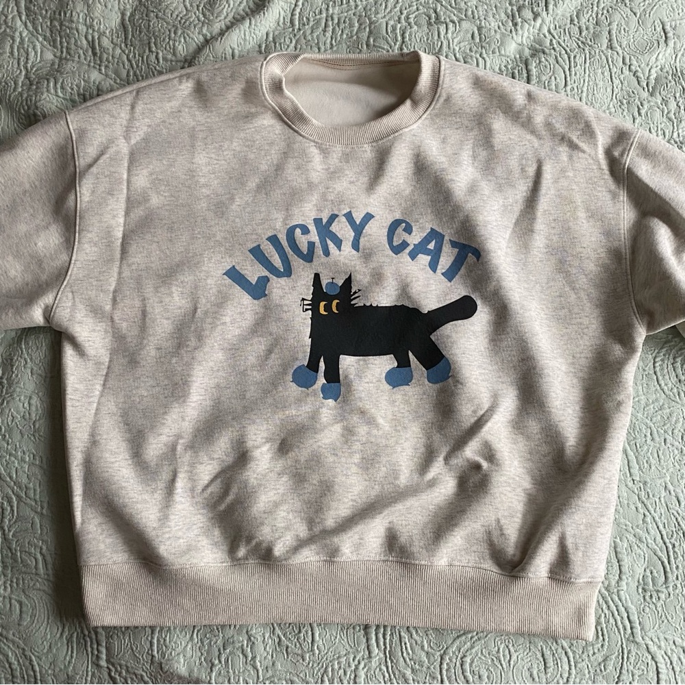Gray and Black Lucky Cat Silhouette Pullover Sweatshirt Hoodie Sweater OS Light - Picture 2 of 4